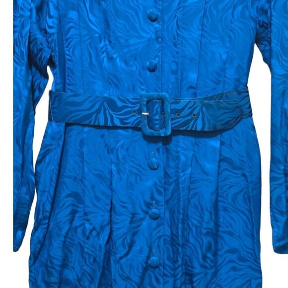 Adrianna Papell Vintage 80s Blue Print Pleated Silk Belted Midi Dress Sz 6 - Picture 3 of 9